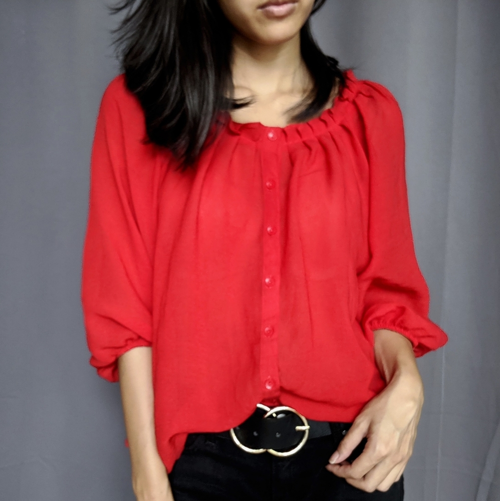 Red button up blouse
